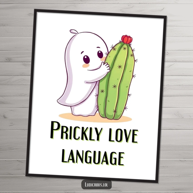 Funny poster art depicting a curious ghost trying to hug a sharp cactus, capturing a moment of humorous peril.