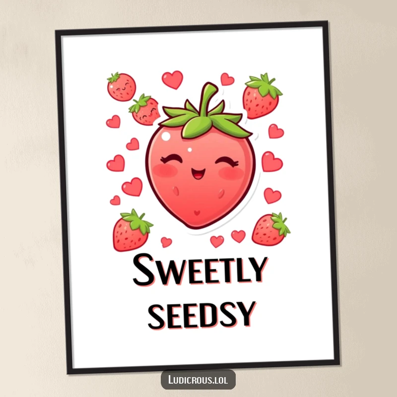 Funny blushing strawberry poster winking with its seeds, a vibrant and humorous piece of fruit wall art.