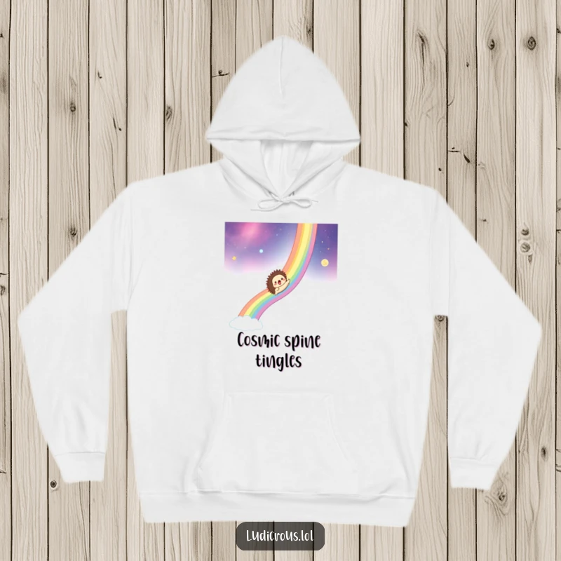 Funny hoodie depicts a hedgehog joyfully sliding down a rainbow that stretches across a beautiful, star-filled cosmos.