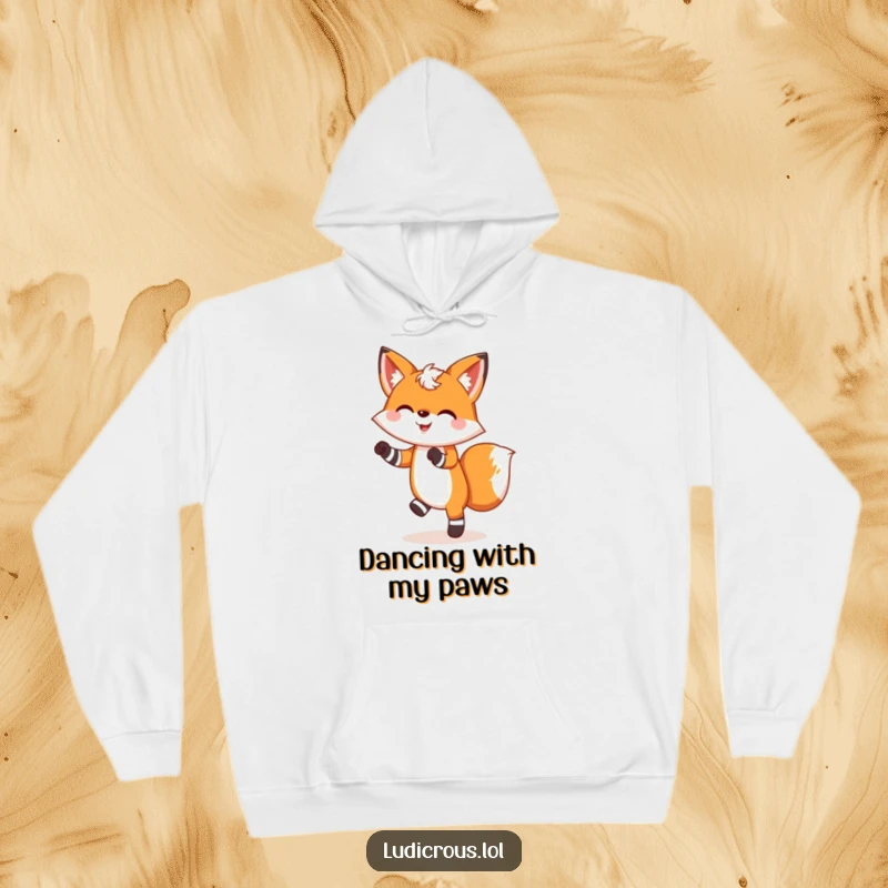 Funny hoodie with a cheerful fox wearing mismatched socks and doing a silly dance, offering cozy and humorous vibes.
