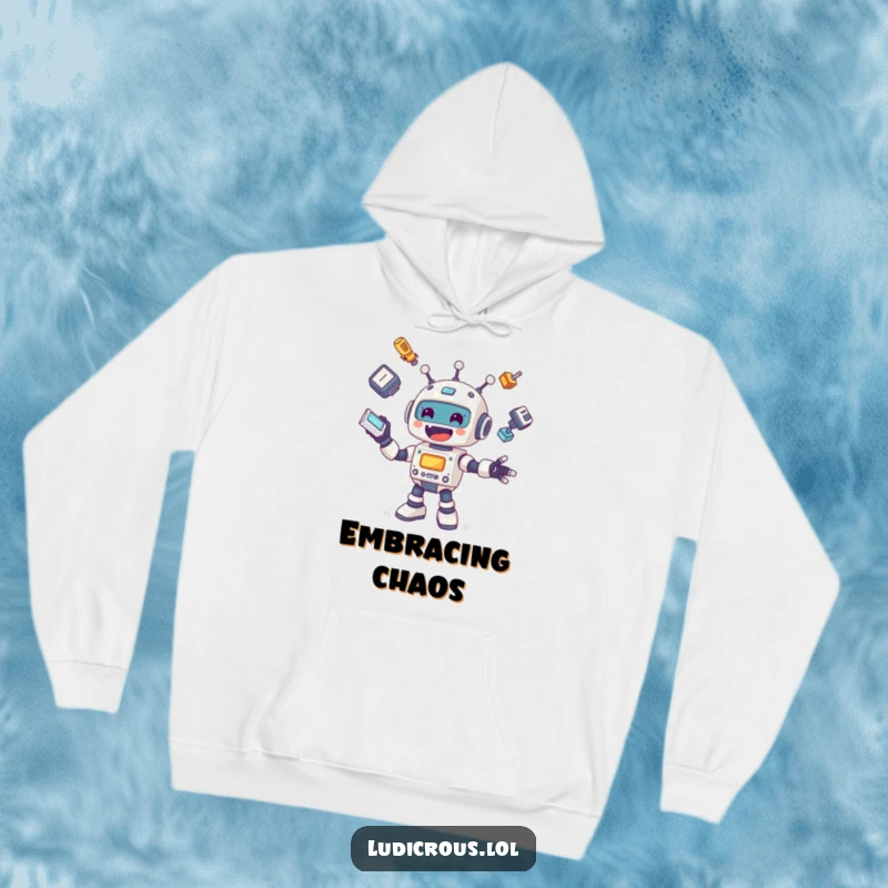 Funny hoodie depicting a cheerful robot, arms and legs flying, in the act of juggling its own disconnected mechanical parts with a goofy grin.