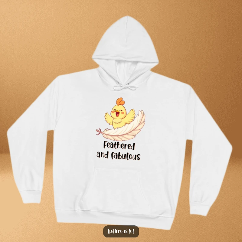 Funny rubber chicken joyfully soaring on a giant feather, featured on a soft hoodie for maximum cozy humor.