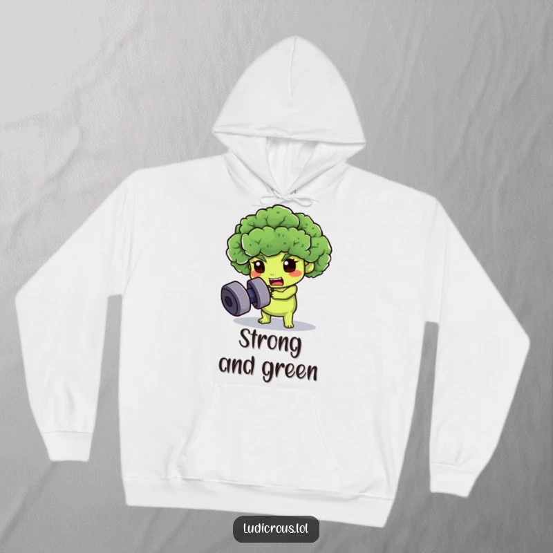 Funny broccoli floret hoodie, depicted determinedly lifting a dumbbell, offering warm comfort and humorous motivation.