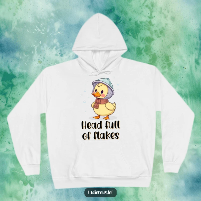 Funny hoodie design featuring a duck in a colander helmet, playfully attempting to catch falling snowflakes, perfect for winter coziness.
