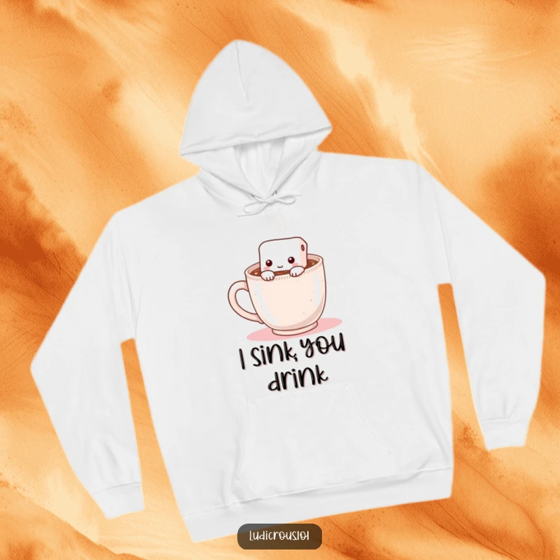 Funny hoodie featuring a shy marshmallow hiding inside a steaming mug of hot chocolate, perfect for staying warm and amused.