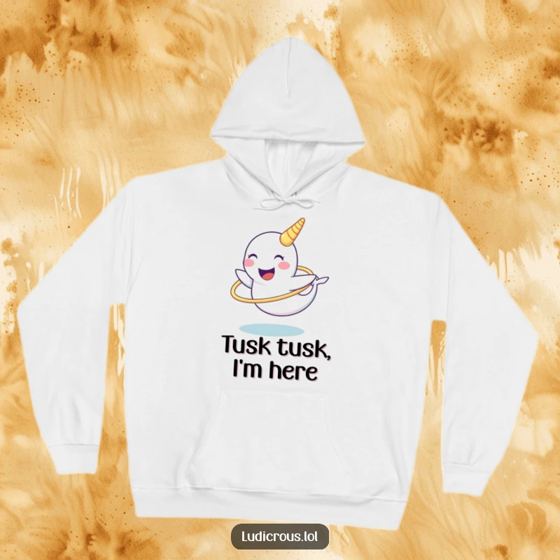 Funny narwhal hoodie showing a laughing narwhal character struggling to hula hoop using its tusk, a humorous and warm apparel choice.