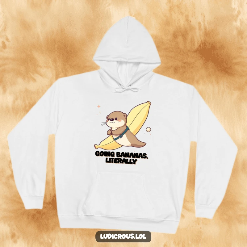Funny hoodie illustration of an otter strapped to a giant banana, humorously soaring through space, offering cozy and quirky style.