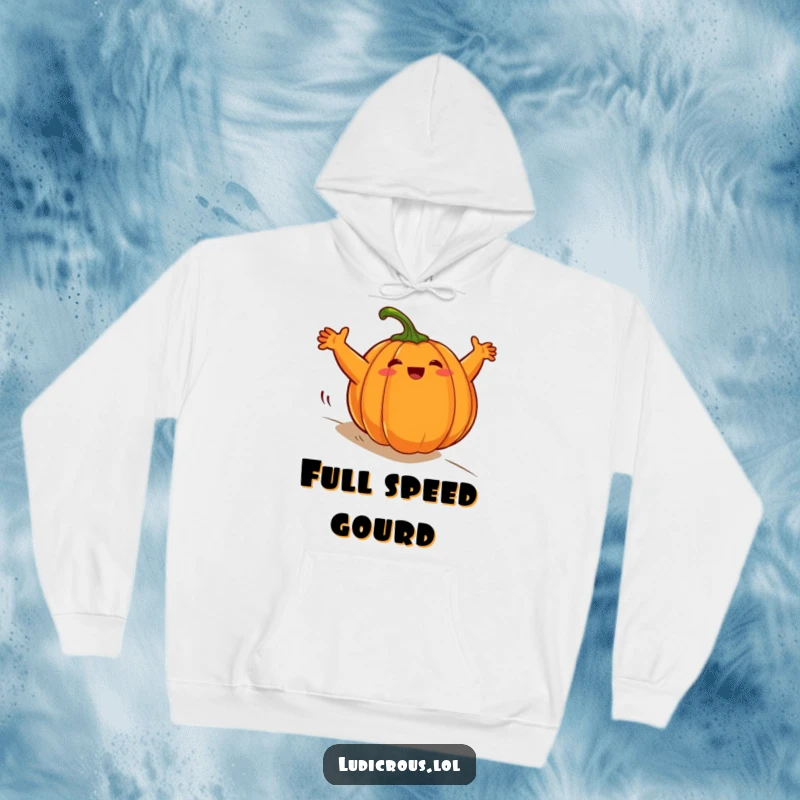 Funny plump pumpkin hoodie, depicted rolling downhill with arms windmilling wildly, perfect for cozy and comical fall days.