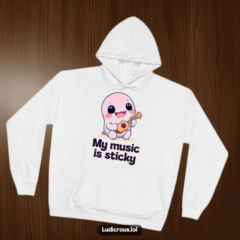 Funny, joyful slime creature playing a tiny ukulele, depicted with cheerful enthusiasm despite questionable musical talent, for a cozy hoodie.
