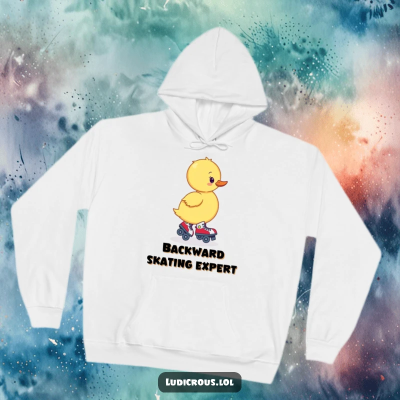Funny hoodie with a wobbly duckling hilariously trying to roller skate backward, offering cozy and humorous comfort.