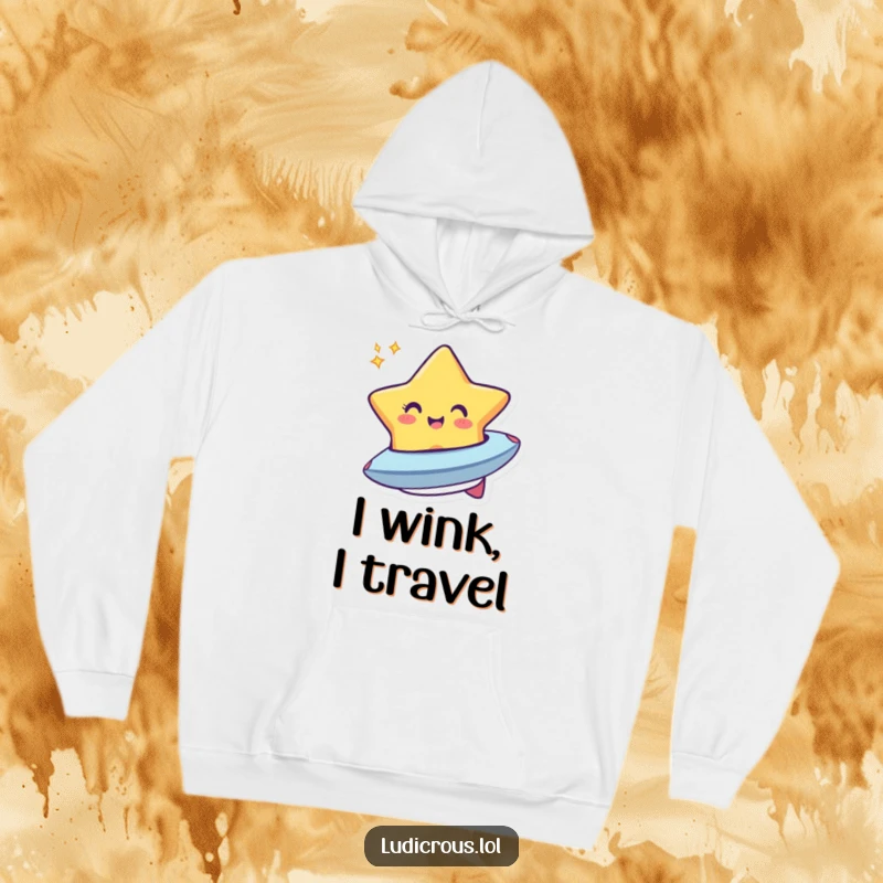 Funny hoodie featuring a cheerful star winking and morphing into a tiny spaceship, perfect for stargazers and cozy adventures.