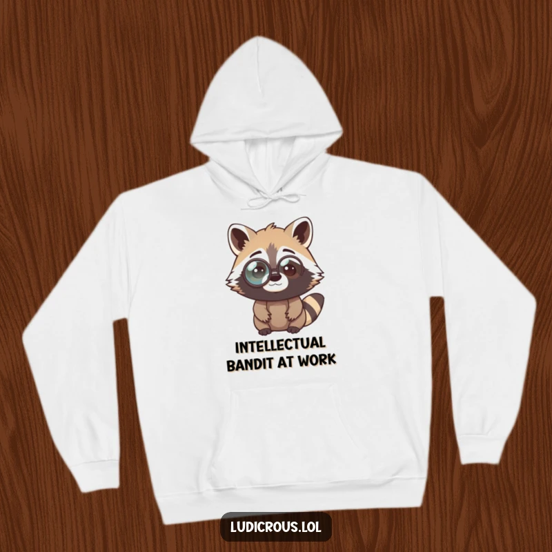 Funny raccoon hoodie featuring a curious bandit wearing an oversized monocle, looking perplexed, offering cozy intellectual humor and warmth.