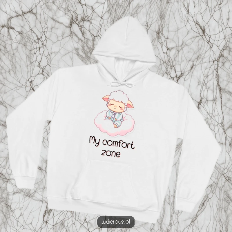 Funny hoodie depicting a content sleepy sheep in pajamas, floating serenely on a pastel cotton candy cloud, offering maximum comfort and humor.