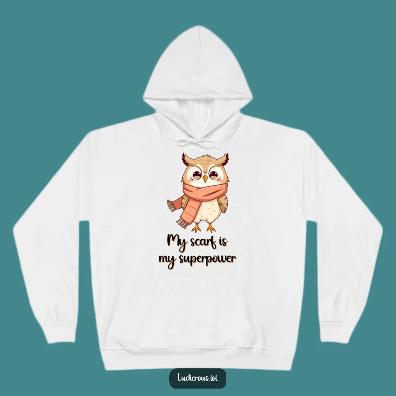 Funny Owl Hoodie: Cozy Grinning Owl in Scarf, Blown Away by Wind, Warm Gift