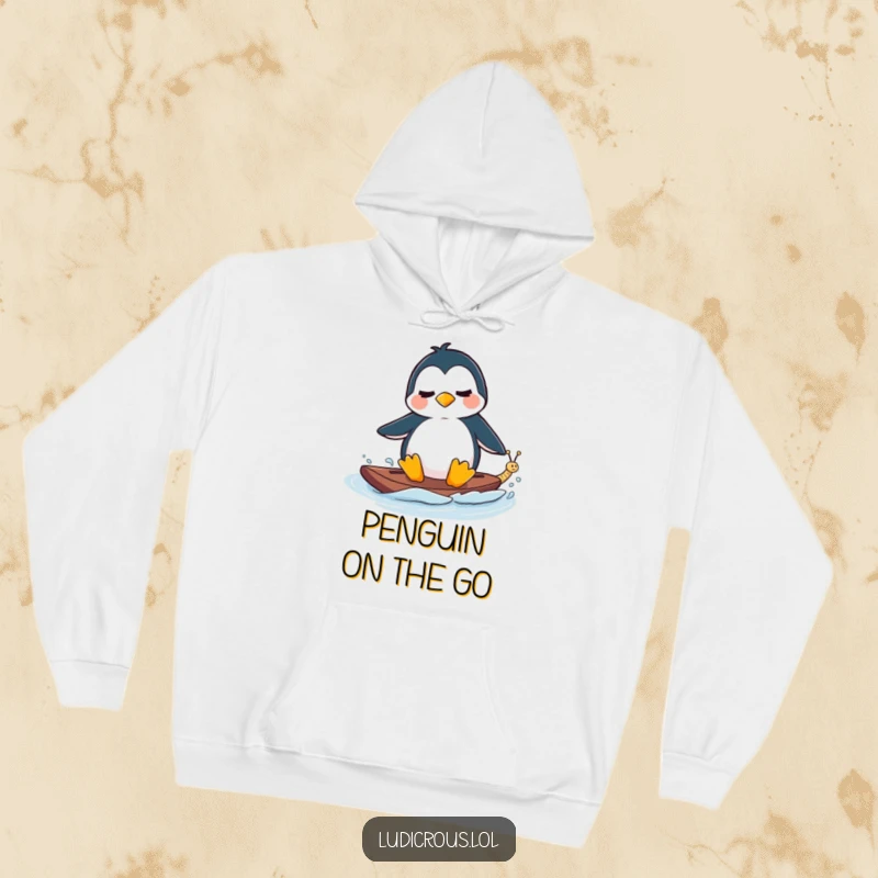 Funny Hoodie showing a perplexed penguin waterskiing behind a tiny, fast-moving snail, cozy and comical arctic apparel.