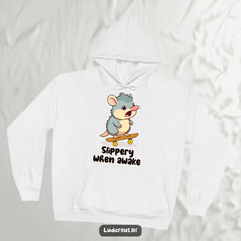 Funny platypus hoodie showing a surprised platypus character skateboarding on a banana peel, a humorous and warm clothing item.