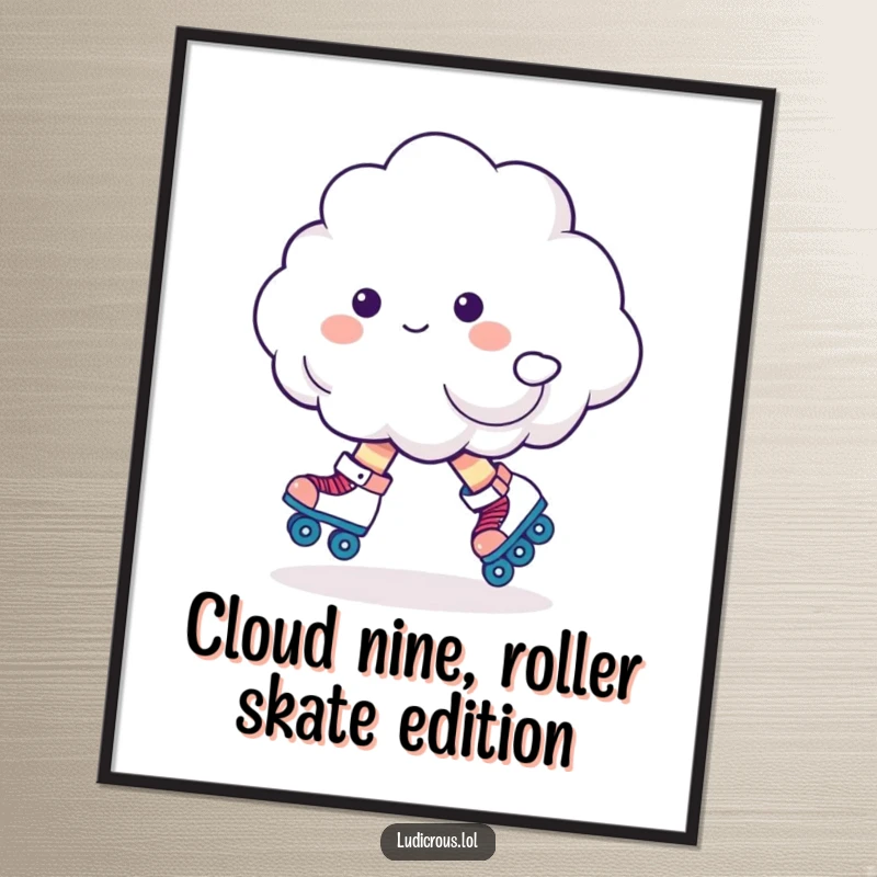 Funny Free Printable Wall Art: A fluffy cloud unsteady on roller skates, bringing quirky charm. Downloadable decor.