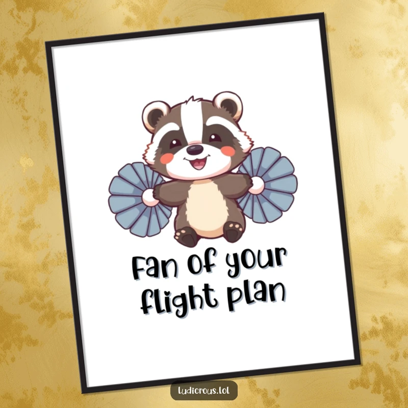 Funny Free Printable Wall Art: A smiling badger uses two large feather fans, humorously attempting to achieve flight.