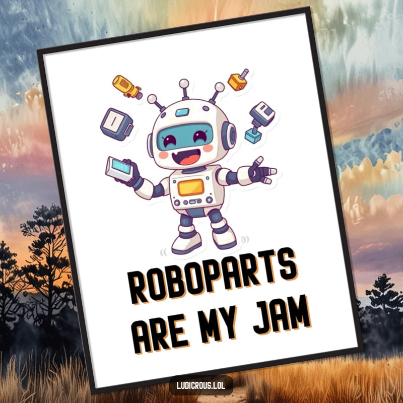 Funny Free Printable wall art depicting a cheerful robot comically juggling mismatched body parts, quirky decor.