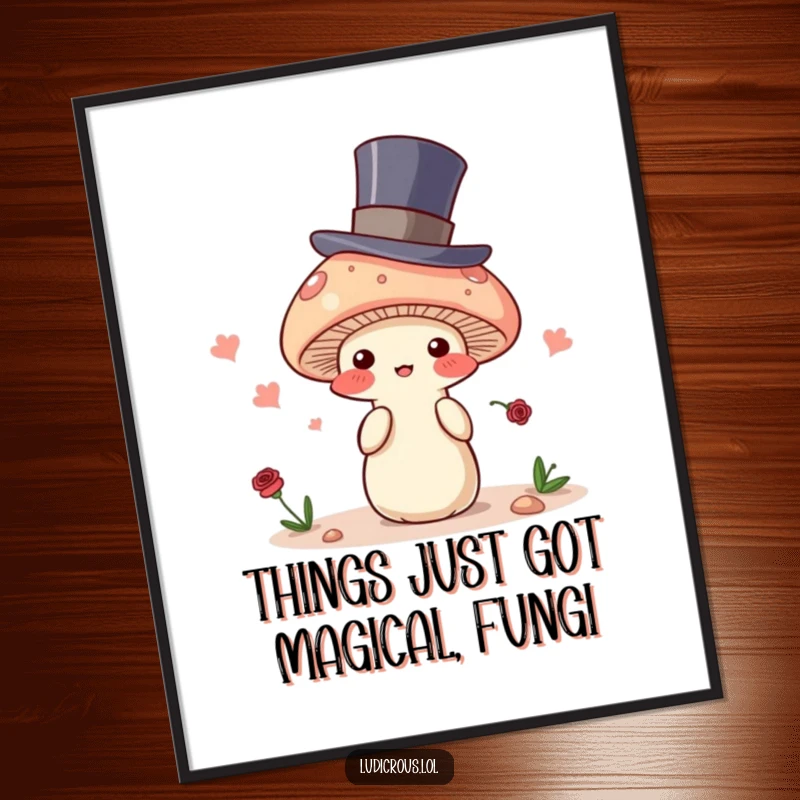Funny Free Printable wall art showing a shy, blushing mushroom wearing a formal top hat, comically attempting to disappear. Whimsical and amusing.