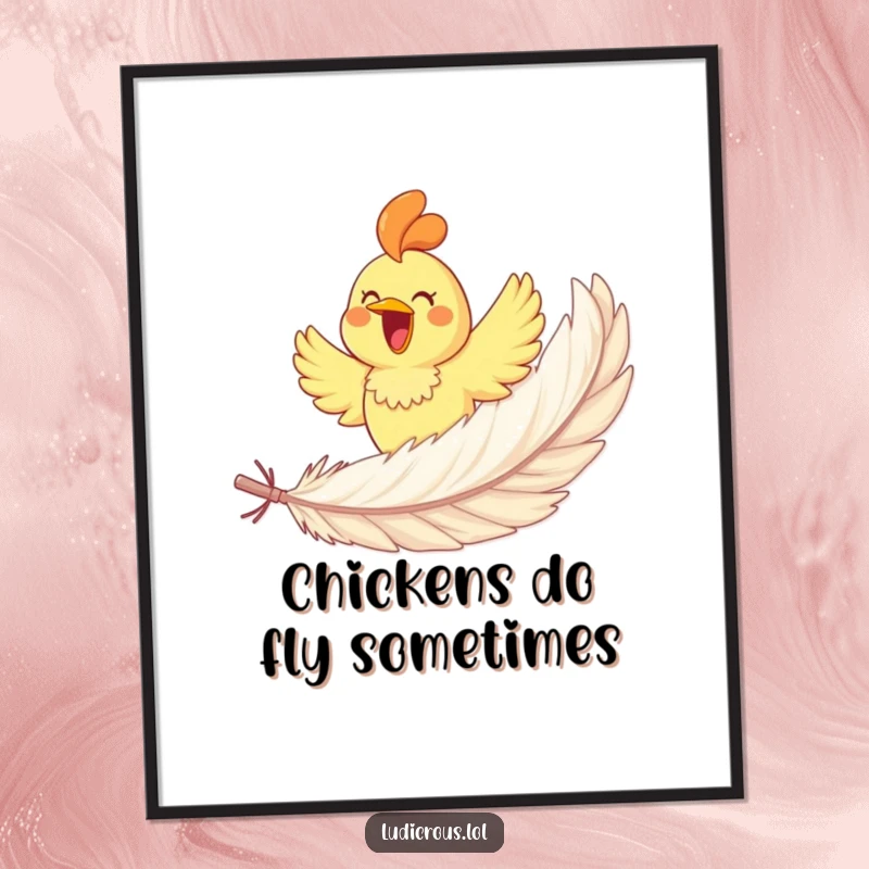 Funny Free Printable Wall Art: Joyful rubber chicken gleefully soaring on a giant feather, adding a quirky element.
