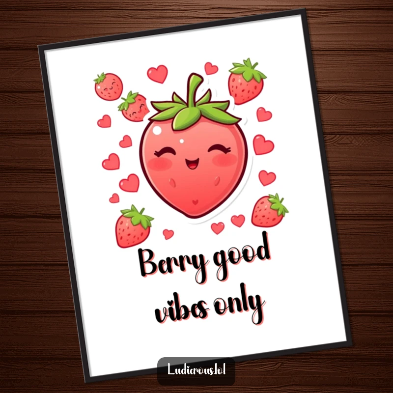 Funny Free Printable Wall Art: A blushing strawberry with cheeky seeds winks, bringing a humorous and vibrant touch to any room.