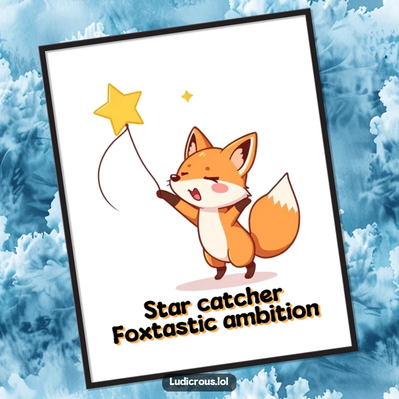 Funny free printable wall art: An excited fox enthusiastically lassoes a bright shooting star with a wide, gleeful smile.