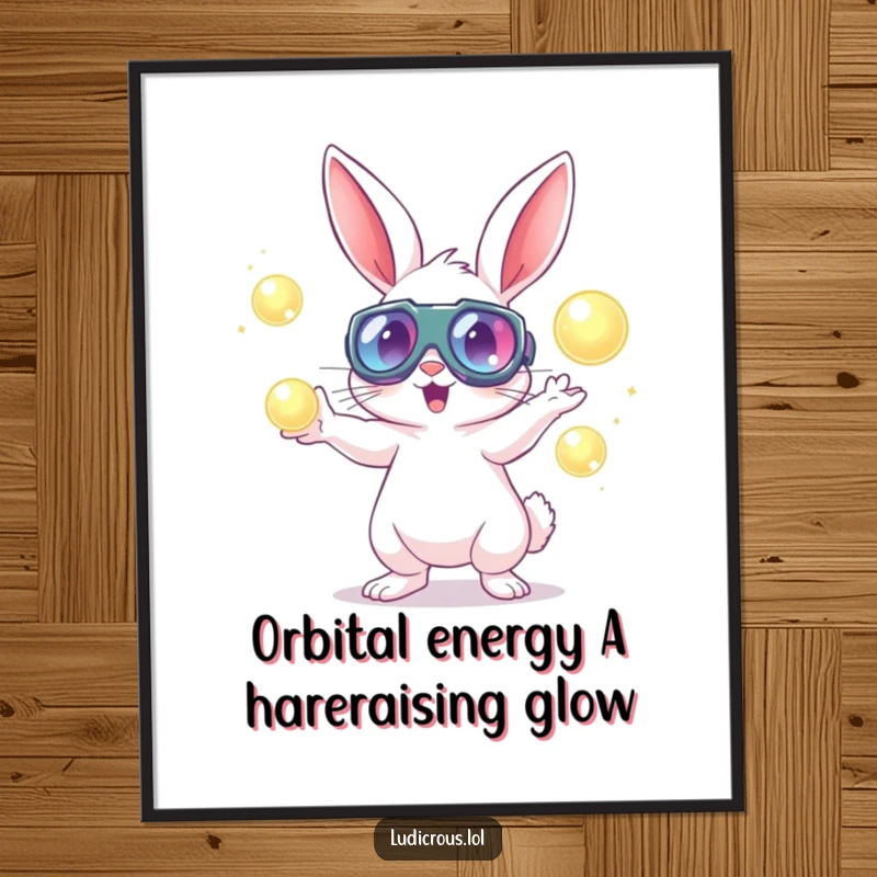 Funny free printable wall art: An enthusiastic rabbit wearing oversized goggles juggles multiple glowing orbs with impressive coordination.
