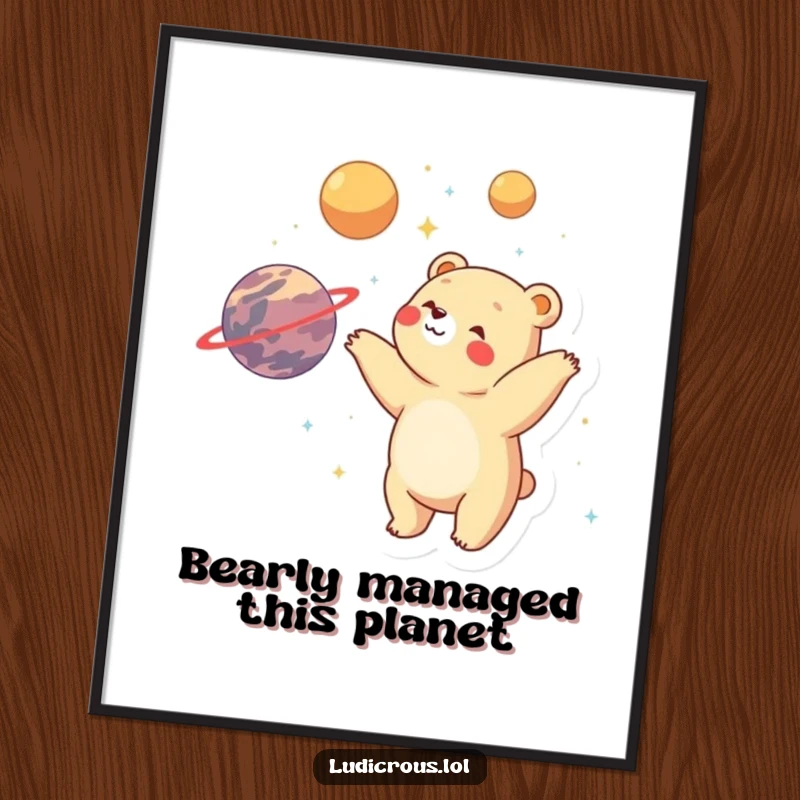 Funny Free Printable Wall Art: Bear gleefully juggling planets, a whimsical piece for space and art lovers.