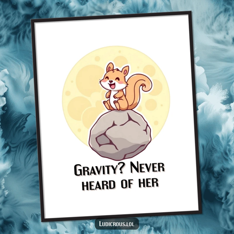 Funny Free Printable Wall Art: Squirrel joyfully riding a glowing moon rock, a whimsical piece for space enthusiasts.