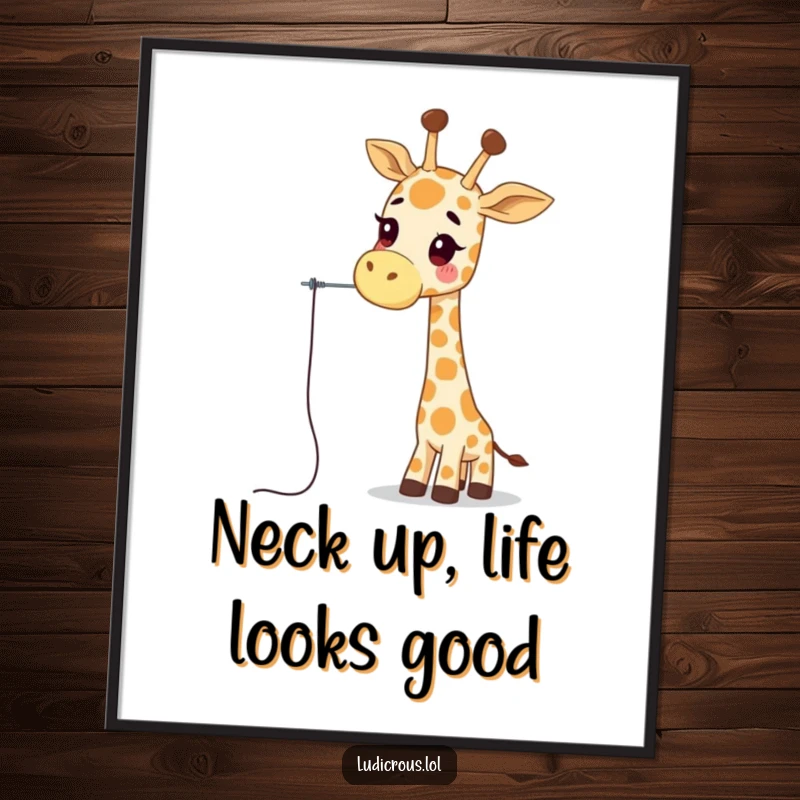 Funny free printable wall art showing a goofy giraffe attempting to thread a needle with its long neck.