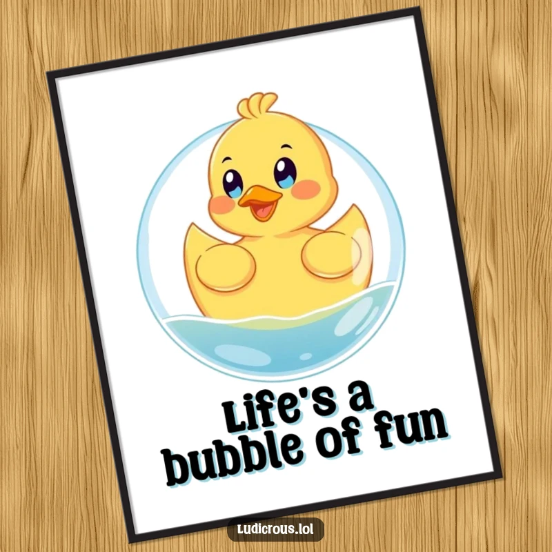 Funny Free Printable Wall Art: A happy rubber ducky floats on a giant bubble, its eyes wide with glee, bringing bubbly cheer.