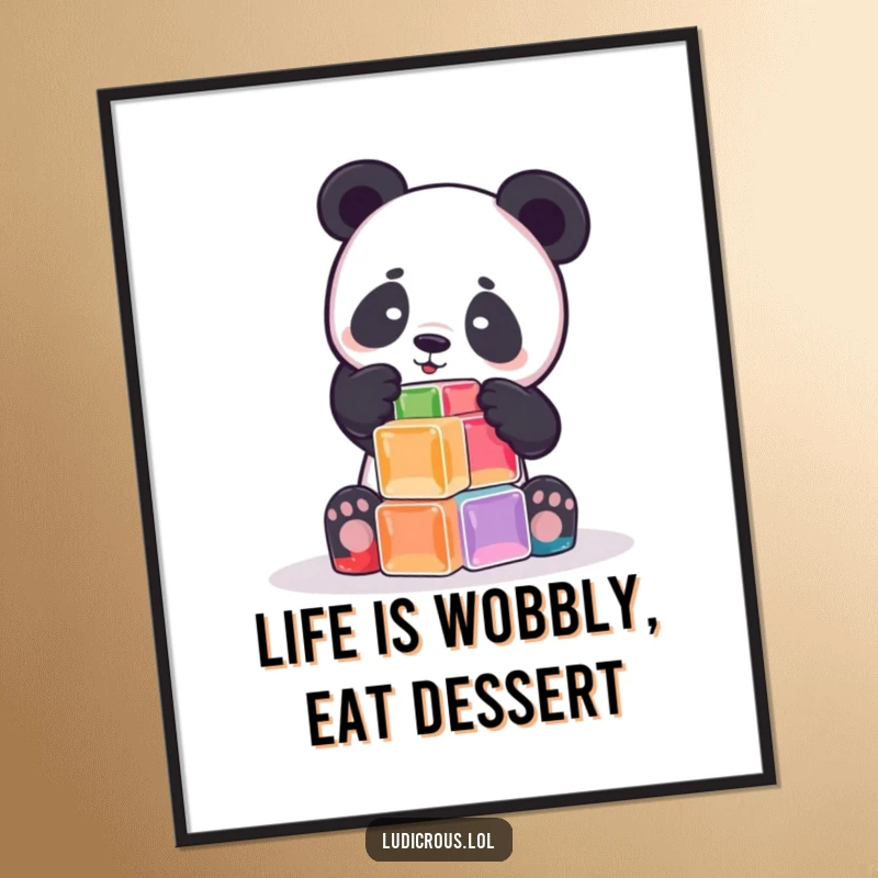 Funny Free Printable Wall Art: A cute panda carefully tries to build a tower out of jiggly Jell-O cubes.