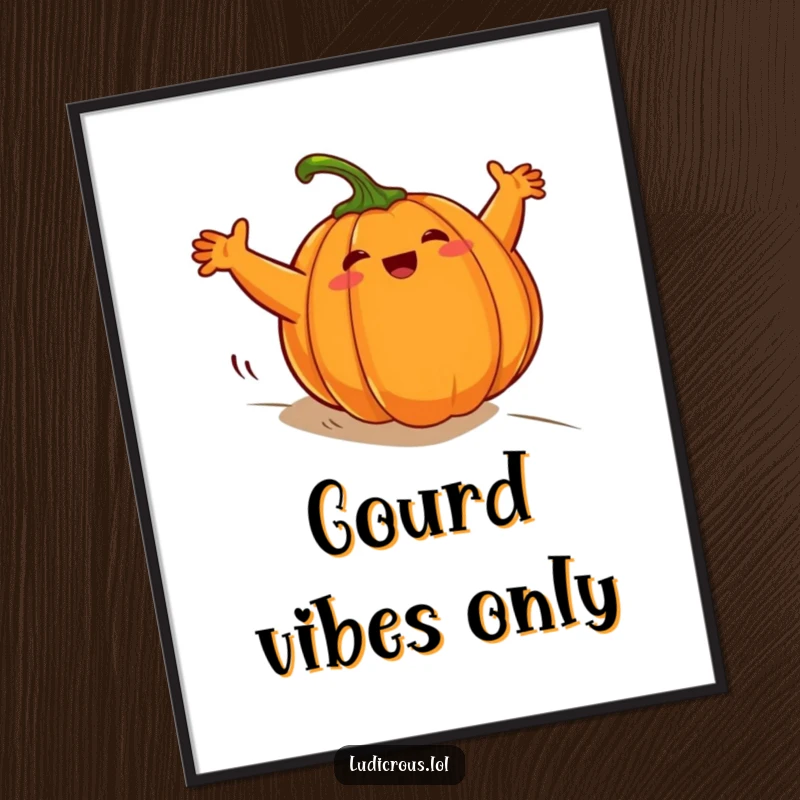 Funny free printable wall art of a plump pumpkin character rolling downhill, arms windmilling wildly in chaotic motion.