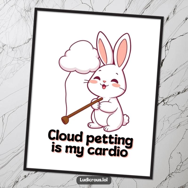Funny Free Printable Wall Art: Cheerful rabbit with a comically long pole reaches up to gently pet a fluffy cloud in a whimsical scene.
