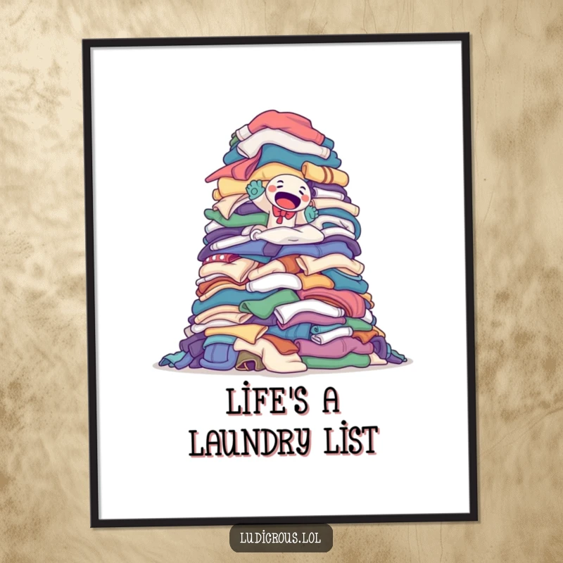 Funny Free Printable Wall Art: A determined sock puppet attempts to climb a monumental pile of laundry, showcasing effort and humor.