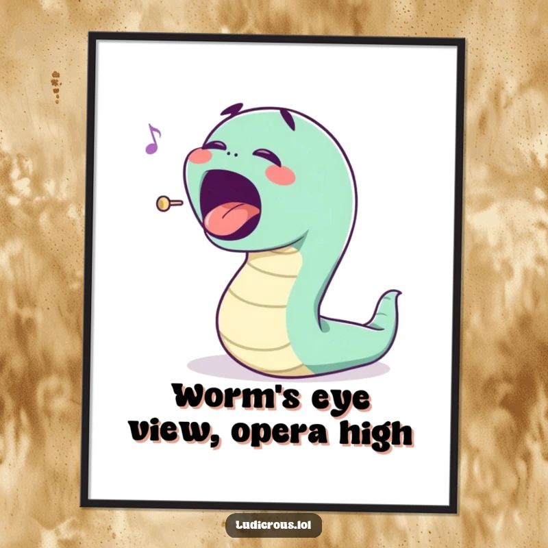 Funny Free Printable Wall Art: A bouncing worm sings opera with an exaggerated mouth, delivering a powerful performance.