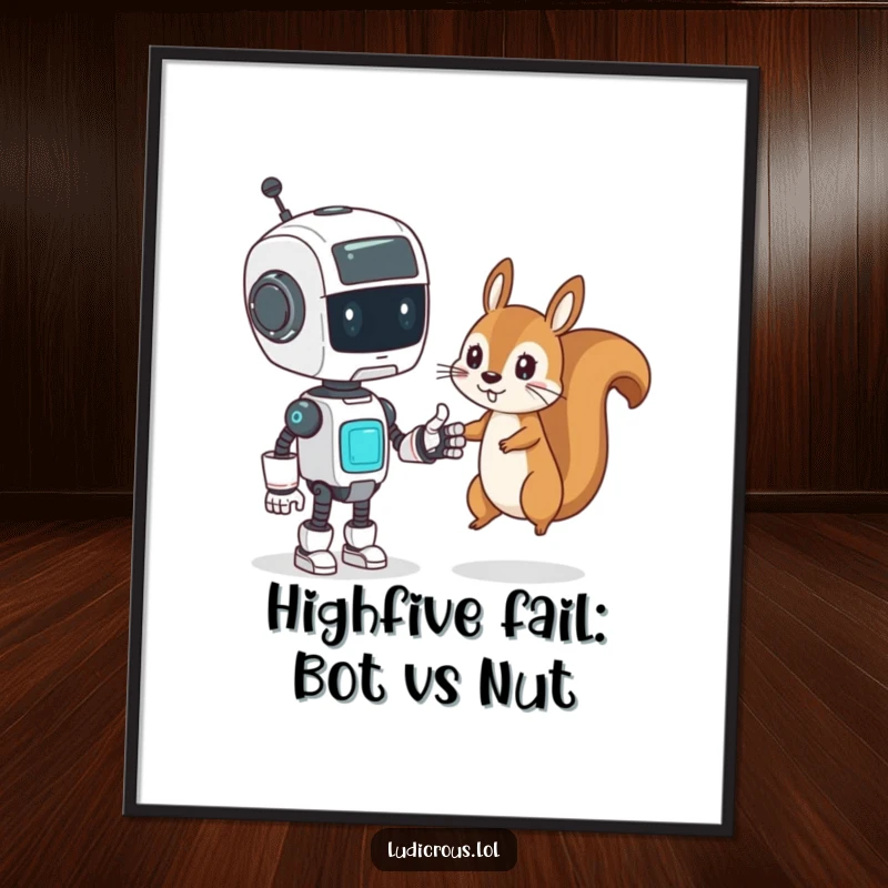 Funny Free Printable Wall Art: Confused robot character attempting to high-five a mischievous squirrel, tech meets nature humor.
