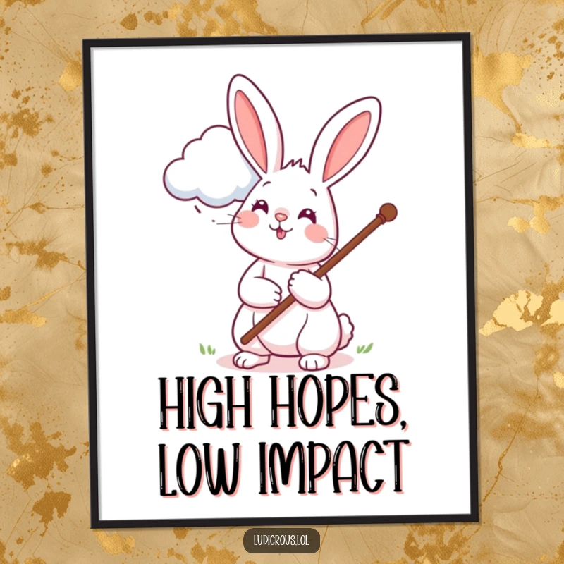 Funny Free Printable Wall Art: Cheerful rabbit uses a long pole to try and pet a fluffy cloud, whimsical decor.