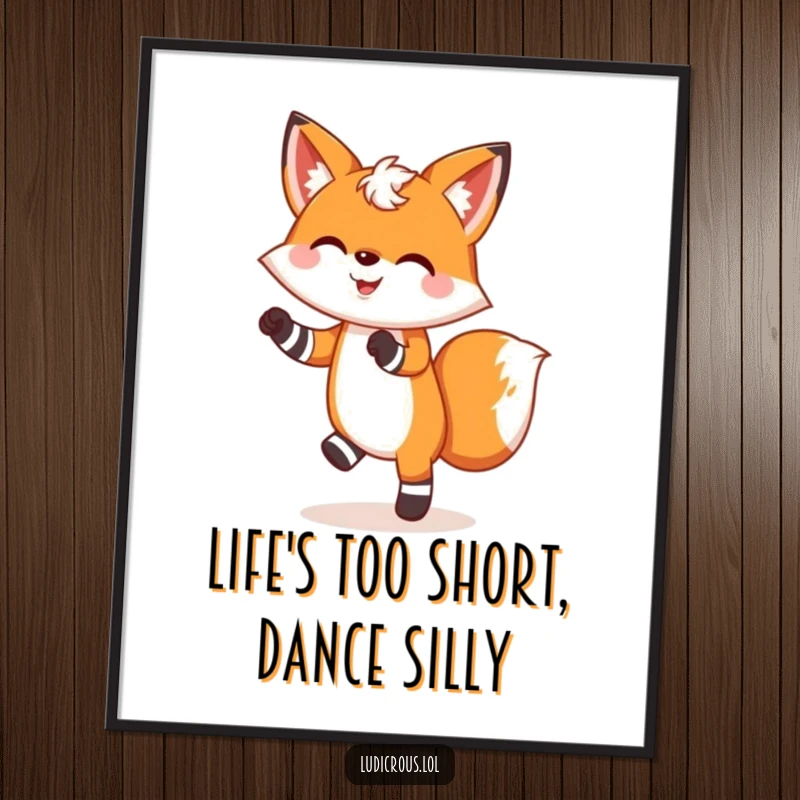 Funny Free Printable Wall Art: A happy fox is captured mid-dance, showcasing its vibrant, mismatched socks with glee.