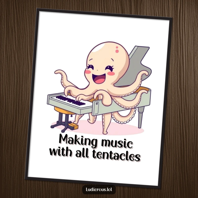 Funny Free Printable Wall Art: Delighted octopus energetically playing a piano with all eight of its arms.
