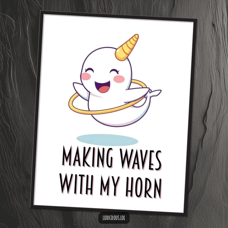 Funny free printable wall art featuring a cheerful narwhal spinning a hula hoop on its tusk.