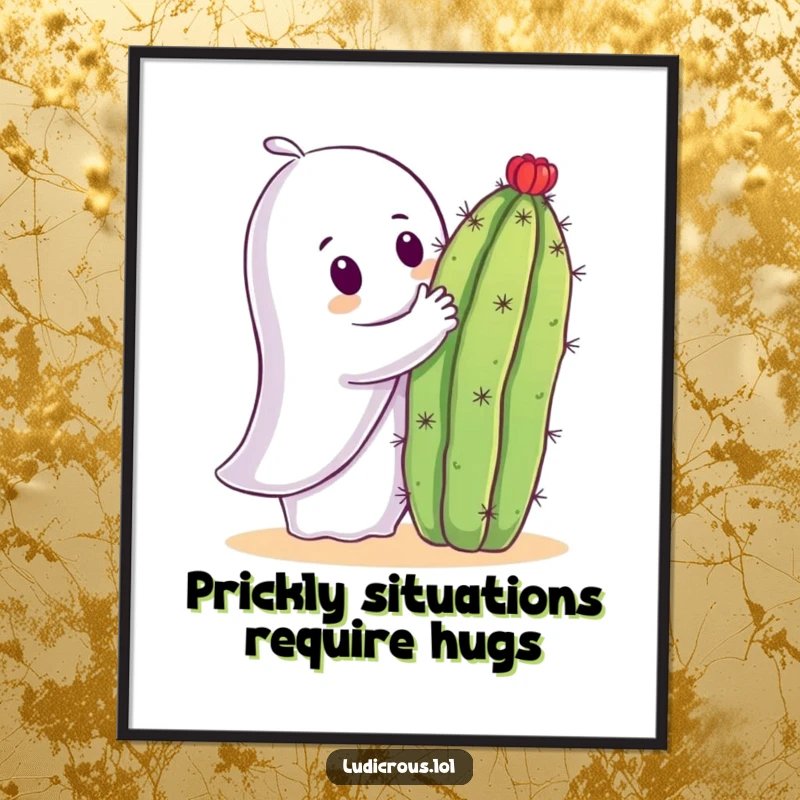 Funny Free Printable Wall Art: A curious ghost tries to hug a very prickly cactus. Humorous and whimsical art for any room.