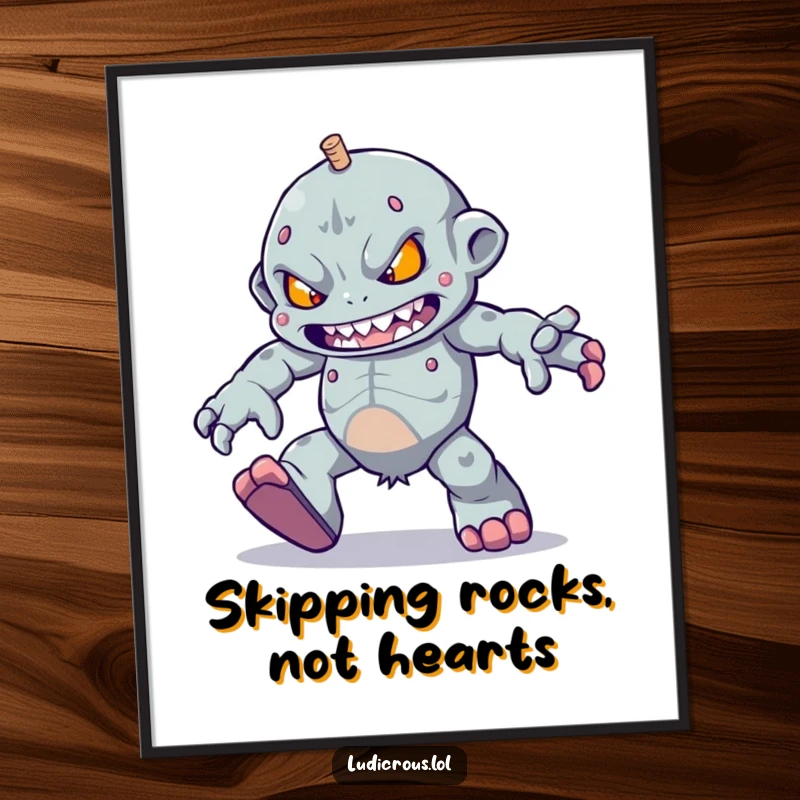 Funny Free Printable Wall Art: A determined golem struggles to skip, its heavy feet stomping with comical effort.