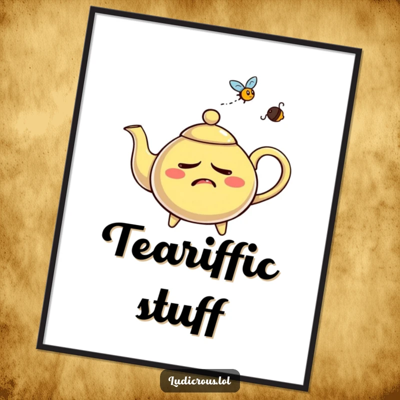 Funny free printable wall art of a nervous teapot aggressively whistling steam at a tiny, bothersome fly.
