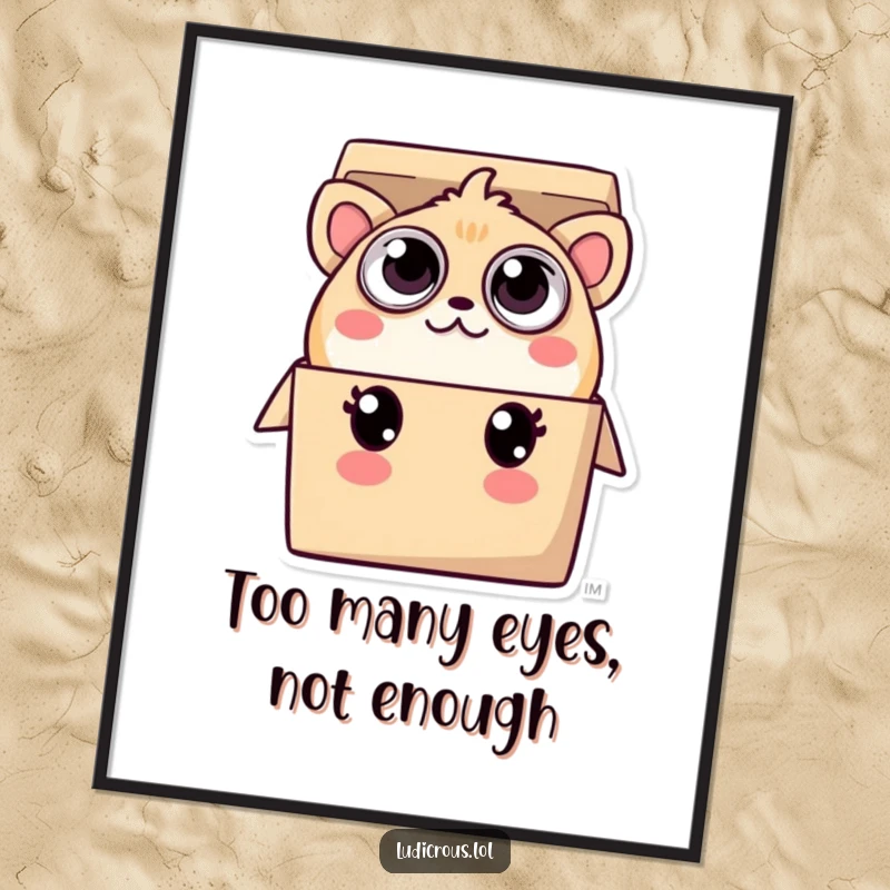 Funny Free Printable wall art of a playful creature with many eyes peeking out of a small box, quirky decor.