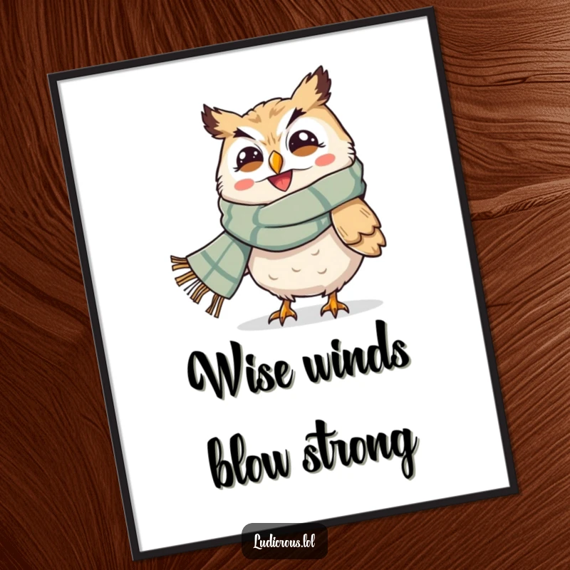 Funny Free Printable Wall Art: A grinning owl wearing an oversized scarf is dramatically blown away by the wind.