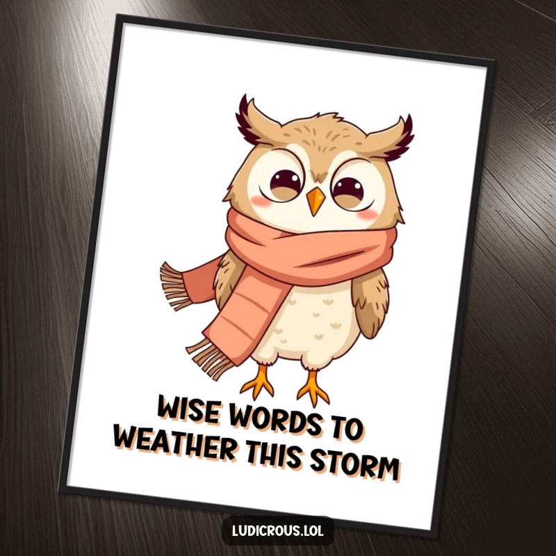 Funny Free Printable Wall Art: A grinning owl wearing a giant scarf, comically being blown by the wind, unique decor.