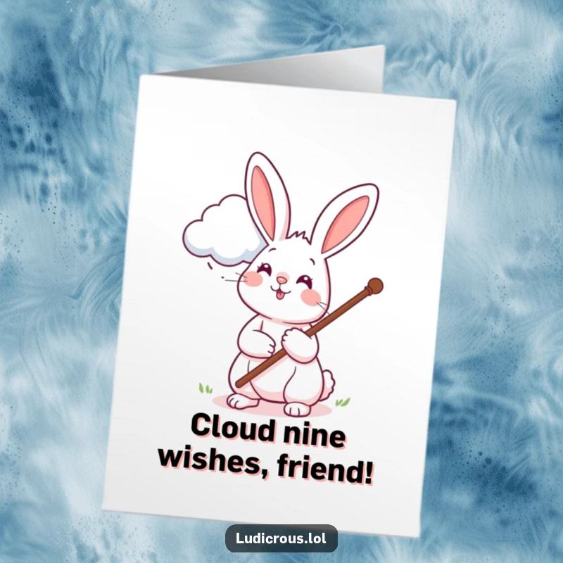 Funny Free Printable Birthday Card: Cheerful rabbit uses a long pole to pet a fluffy cloud, celebrating with joy.