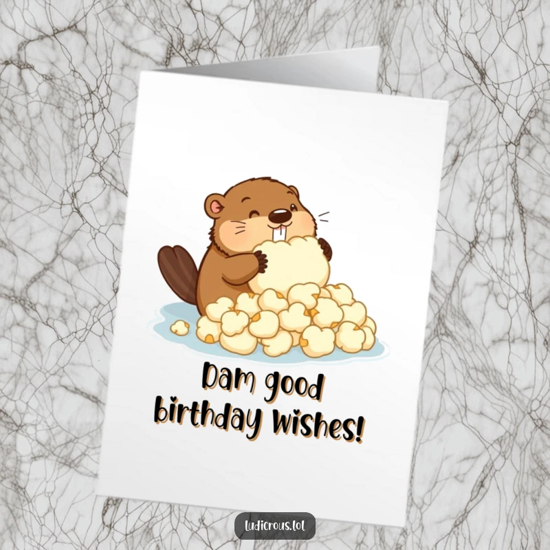 Funny Free Printable Birthday Card: A determined beaver works hard building a dam with giant popcorn kernels.